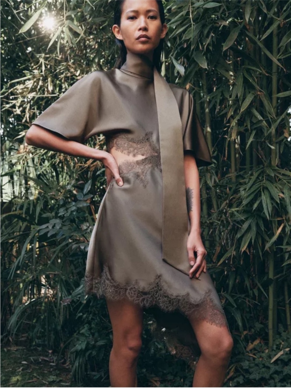 ZARA ZW Collection Viral Satin Lace Asymmetric Dress Mink NWT